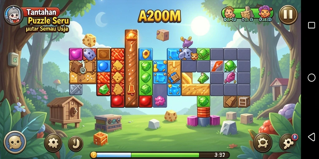 Gameplay A200M menampilkan berbagai teka-teki menarik dan grafik cerah.