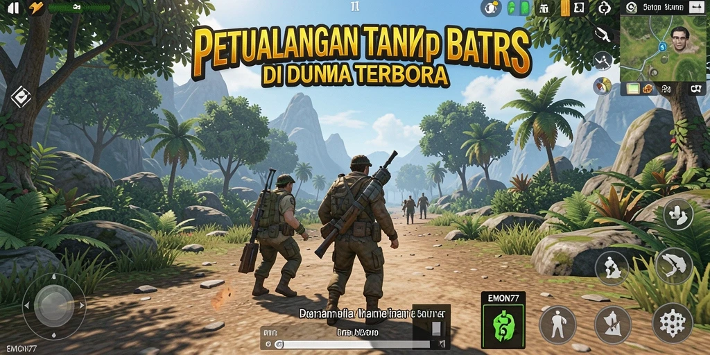 Screenshot EMON77 menunjukkan gameplay bebas di dunia terbuka.