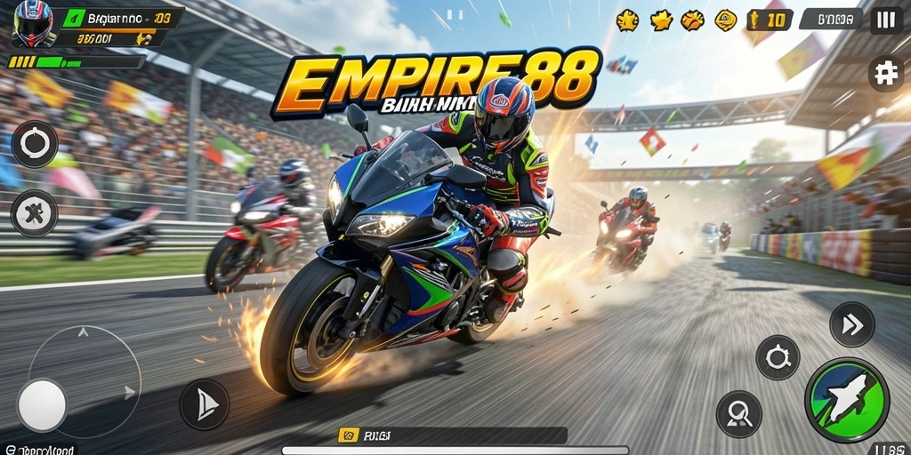 Tampilan gameplay <strong>EMPIRE88</strong> saat balapan motor di trek yang menantang.