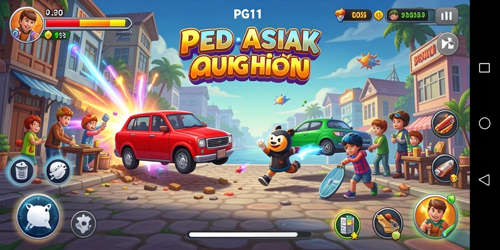 Screenshot PG11 menampilkan karakter sedang melawan rintangan dalam permainan arcade.