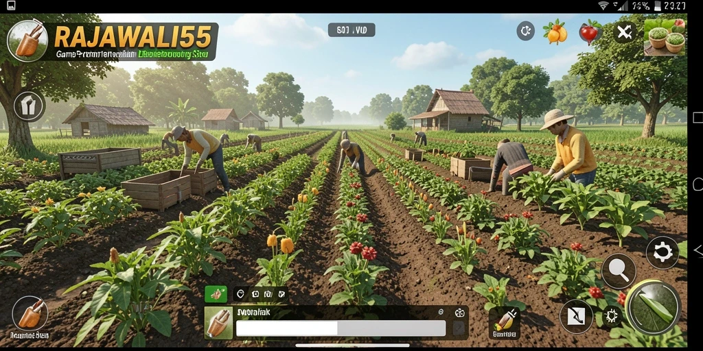 Tampilan gameplay RAJAWALI55 dengan ladang subur dan tanaman beragam.