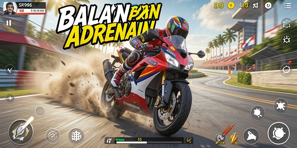 Tangkapan layar SR996 menampilkan aksi balapan motor yang seru dan mendebarkan.