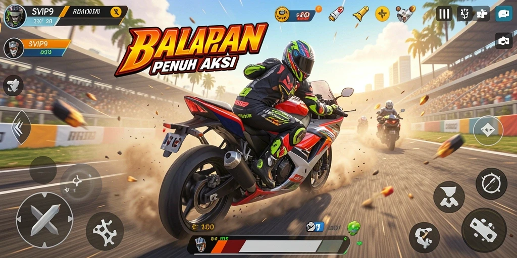 Tampilan gameplay SVIP9 yang mengasyikkan dengan balapan motor yang seru.
